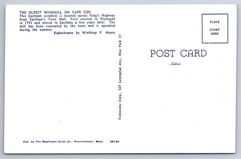 Oldest Windmill On Cape Cod, Eastham Massachusetts, Vintage Chrome Postcard