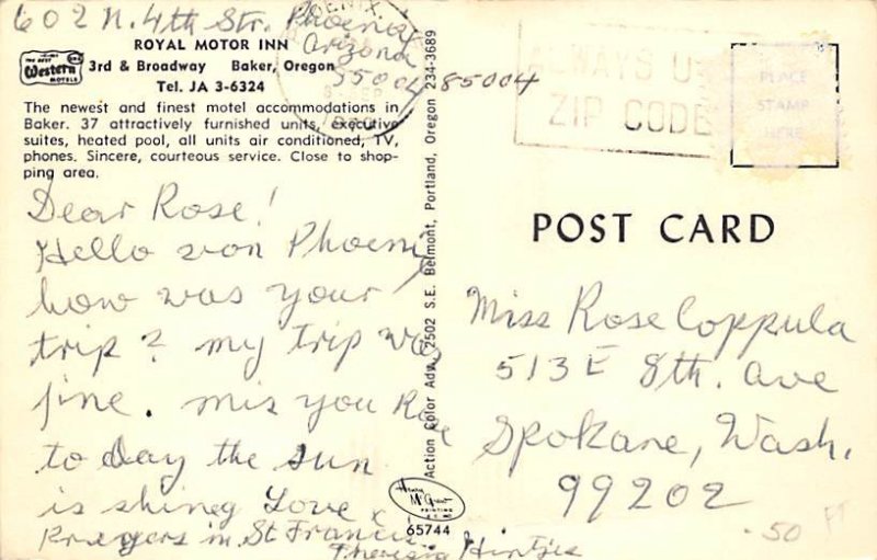 Royal Motor Inn Baker, Oregon, USA Postcard