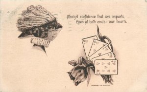 Postcard 1909 Pretty woman playing cards floral big hat Artist TP24-2526