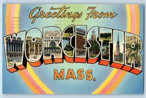 1941 Worcester Massachusetts Postcard Greetings Building Multiview Big Letters