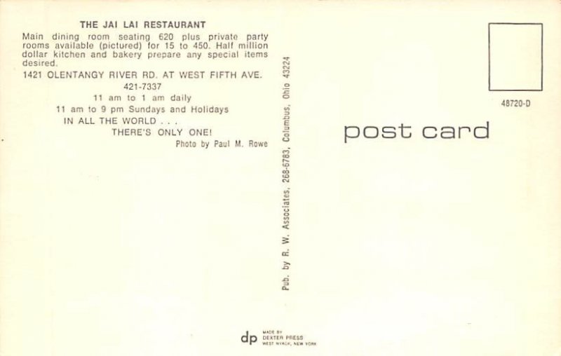 Jai Lai Restaurant Columbus, Ohio OH Postcard