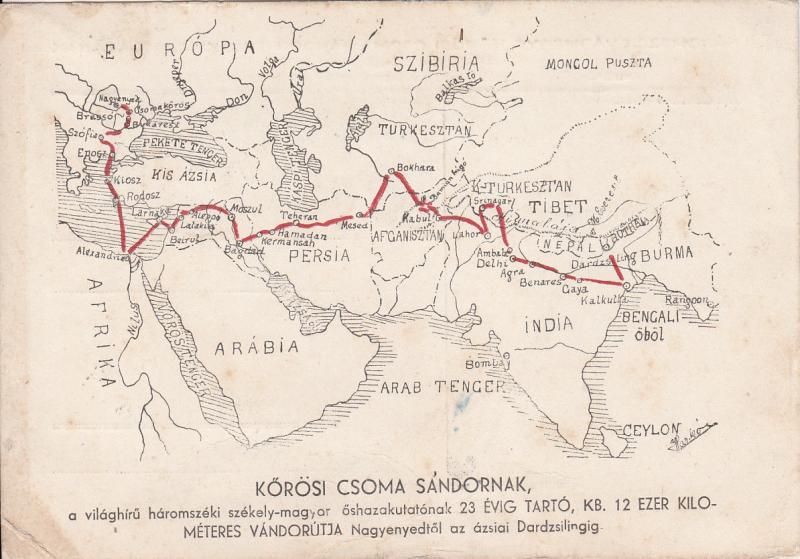 Sandor Korosi Csoma geographer map postcard Hungary Nagyenyed Dardzsiling route