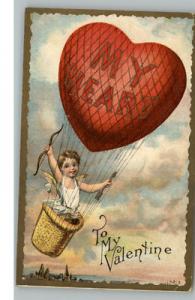 VALENTINE Cupid in Heart Hot Air Balloon c1910 Postcard