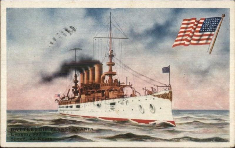 US Navy Battleship American Flag Emblem Series c1910 Postcard PENNSYLVANIA