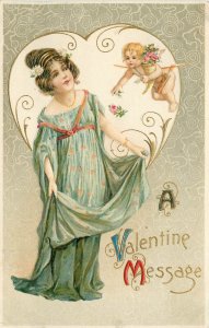 Winsch Schmucker Valentine Embossed Postcard; Woman in Empire Dress w/ Cupid