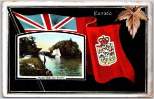 1910's On The Canal Near Windsor Canada Canadian Flag Background Postcard