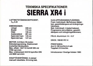 Ford Sierra XR4i 1983 White Car  Oversize Postcard Swedish Auto Spec Sheet