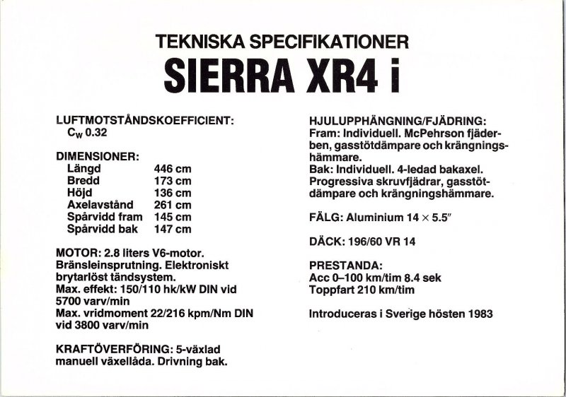 Ford Sierra XR4i 1983 White Car  Oversize Postcard Swedish Auto Spec Sheet