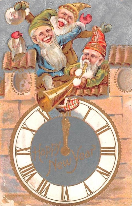 Happy New Year Elves and Clock 1909 