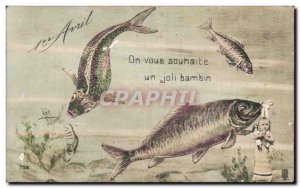 Festivals - Wishes - Fish of April - April Fool - fish and baby - Old Postcard