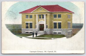 Mt Carroll Illinois~Carnegie Library Vignette~Men on Sidewalk~1911 Postcard