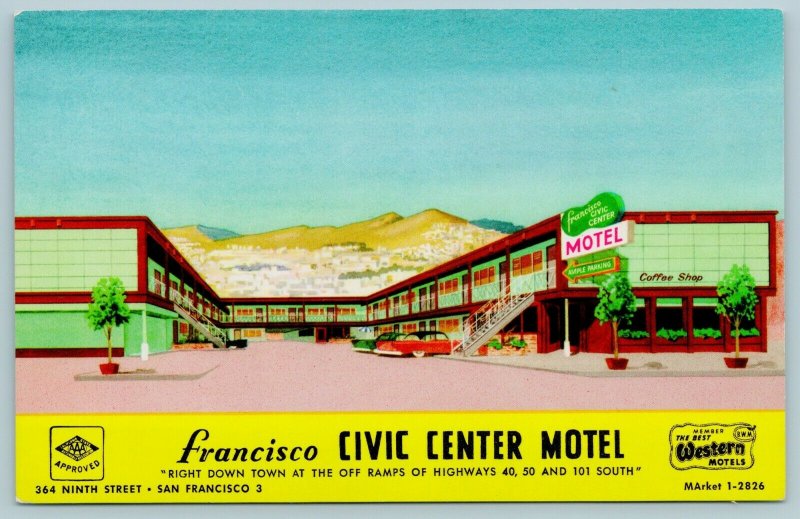 San Francisco CA~Art Deco Civic Center Motel~Artist Drawing~Rt 101~1950s