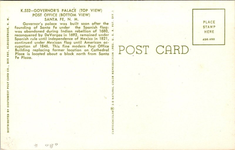 Vtg Santa Fe New Mexico NM Governors Palace Post Office 1960s View Postcard