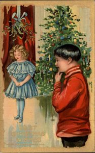Christmas Children Mistletoe Boy Girl Gilt Gel Coat c1900s-20s Postcard