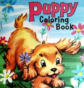 Big Little Book Puppy Coloring 180 Saalfield Unused NOS Cute Dog In Flower Bed