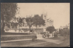 Shropshire Postcard - Free Library and Darwins Statue, Shrewsbury   RS19350