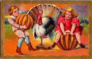 Thanksgiving Greetings Girl and Boy with Pumpkins, Turkey c1909 Postcard U12