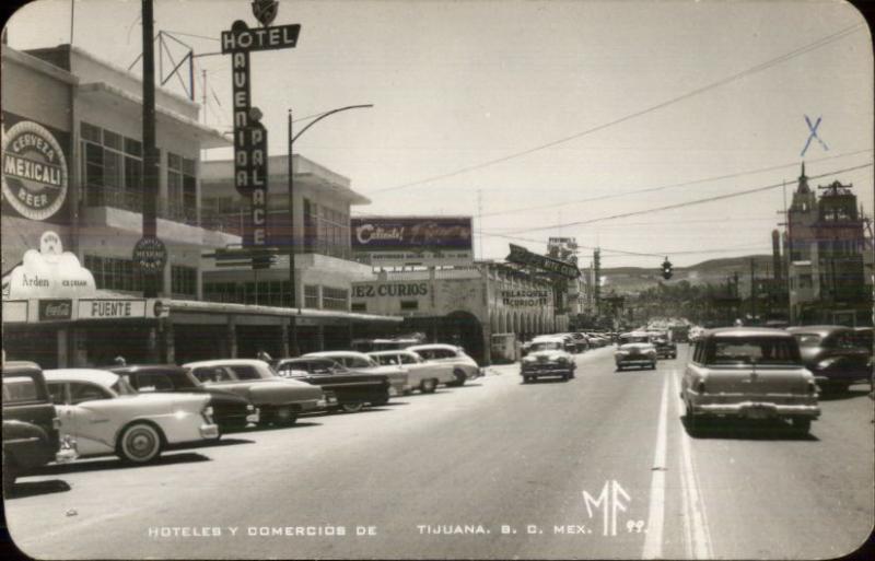 Tijuana Mexico Hoteles Y Comercios Street Scene Real Photo Postcard