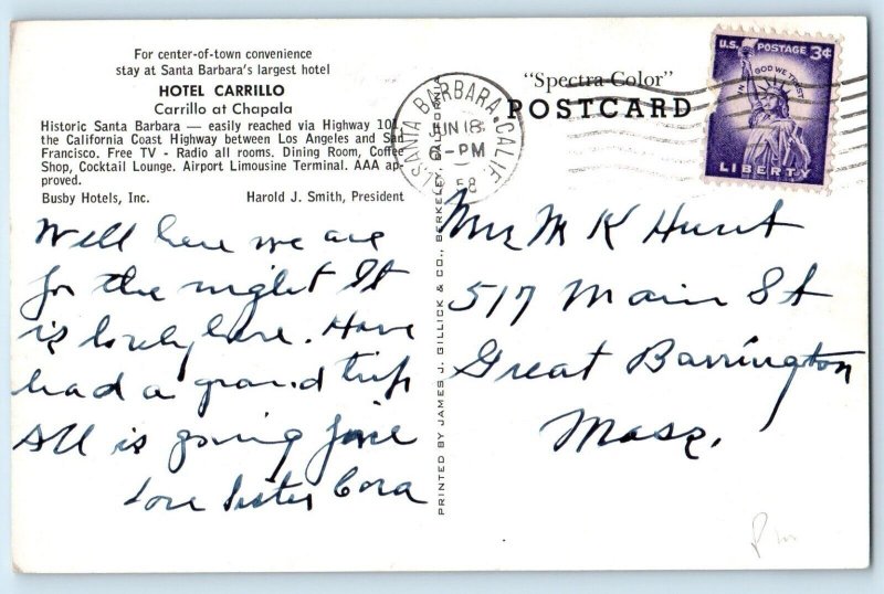 c1958 Santa Barbara California Postcard Hotel Carrillo Chapala Downtown Posted