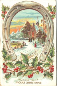 Merry Christmas Postcard Horseshoe Snow Covered Church Holly