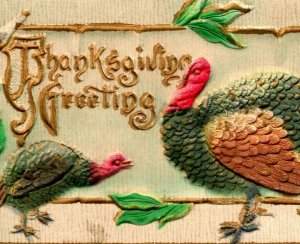 Vtg Postcard 1910s Thanksgiving Greetings Embossed Gilt Turkeys High Relief