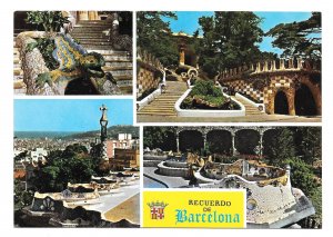 Spain Recuerdo de Barcelona Parque Guell Multiview Park Gardens 4X6 Postcard