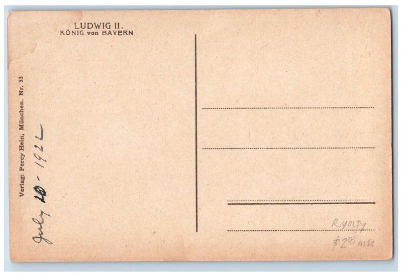 Germany Postcard Portrait of Ludwig II King of Bavaria Royalty 1922 Unposted