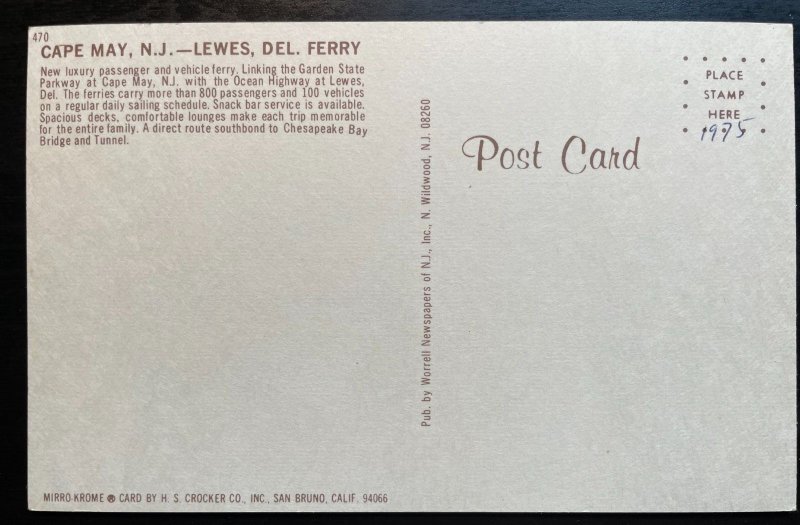 Vintage Postcard 1975 Cape May, N.J. - Lewes, Delaware Ferry