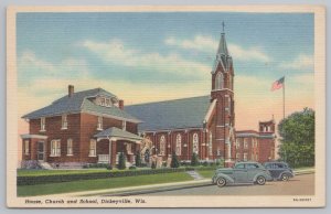 Linen~Side Views Of House~Church & School Bldgs~Dickeyville Wis~Vintage Postcard