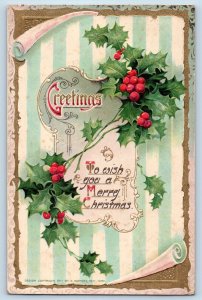 Signed Artist Postcard Christmas Greetings Holly Berries Embossed Rochester NY