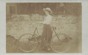 STYLISH WOMAN  WEARING HAT & POSING WITH BICYCLE~REAL PHOTO  POSTCARD
