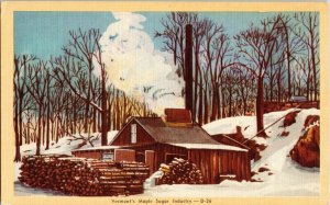 Vermon’ts Maple Sugar Industry Cabin Smoke Snow Winter One Cent UP Postcard VTG 