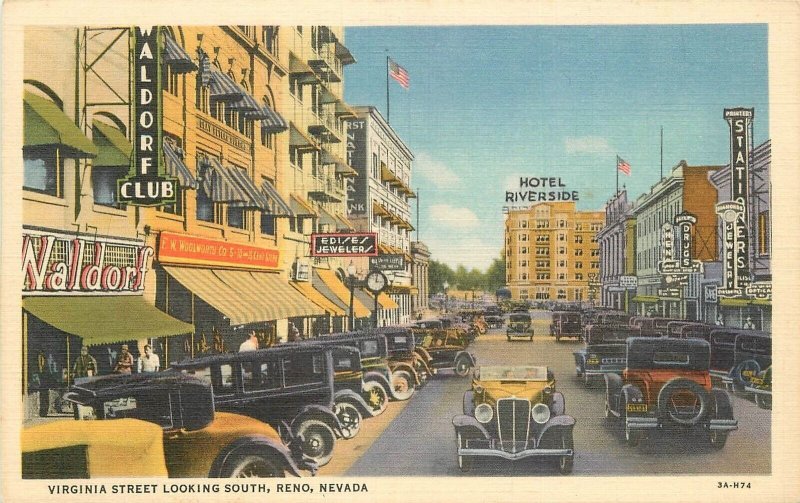 Postcard 1930s Nevada Reno Virginia Street looking south autos linen 23-11816