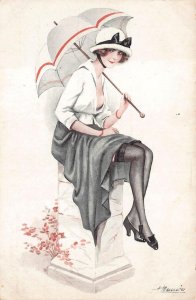 WOMAN UMBRELLA FRANCE ARTIST SIGNED MEUNIER GLAMOUR POSTCARD (c. 1910)