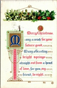 Vtg 1909 Merry Christmas Poem Gold Gilt Embossed Postcard