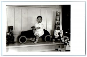 c1940's Cute Chubby Little Boy Riding Car Toy Vintage RPPC Photo Postcard