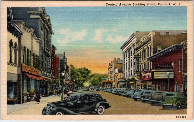 DUNKIRK, NY New York CENTRAL AVENUE Street Scene  30s Cars Linen  Postcard