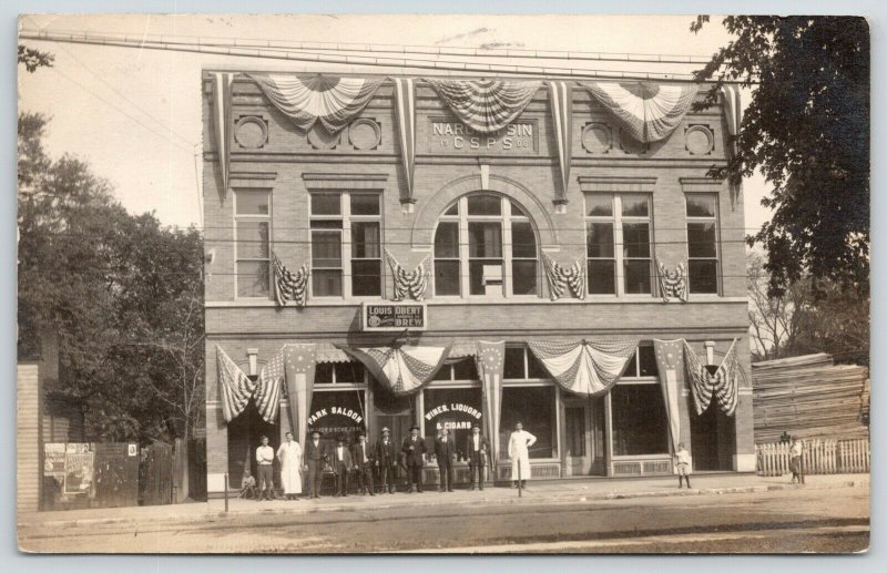 Edwardsville IL RPPC~Czech Nat'l Hall~Park Saloon Patrons~Lumber~Obert Brew~1913 