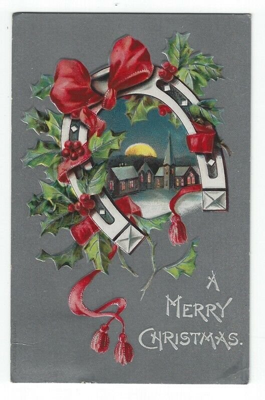 Vintage Christmas Greetings PC, A Church at Night, Horseshoe, Red Ribbon, 1908