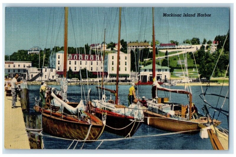 c1940 Mackinac Island Harbor Boats Dock Port Old Fort Michigan Vintage Postcard