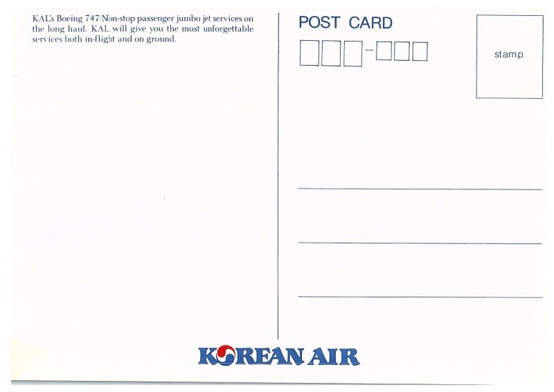 Korean Air Lines Boeing 747 Airplane Postcard