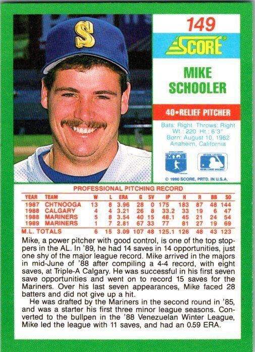 1990 Score Baseball Card Mike Schooler Seattle Mariners sk2672