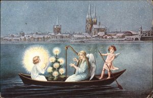 Frohliche Weihnachten Christmas Angels Harp Gondola Vintage Postcard