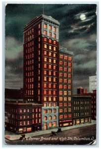 1911 Exterior View N.E. Corner Broad High Sts. Night Moon Columbus Ohio Postcard