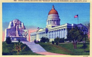 VINTAGE POSTCARD STATE CAPITOL AND MORMON BATTALION MONUMENT AT SALT LAKE CITY