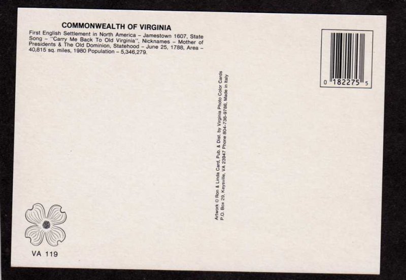 VA Greetings From Virginia State Map Postcard State Bird Cardinal Keysville