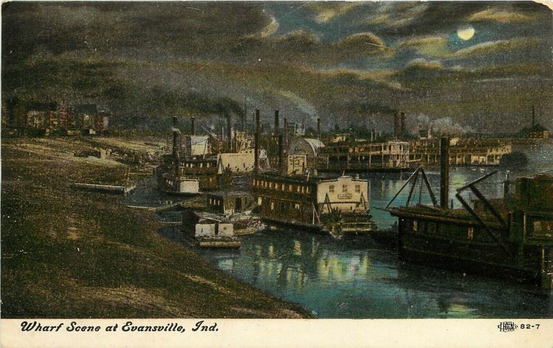 1907 Postcard; Evansville IN Wharf Scene, Steamboats at Night, Full Moon, Posted