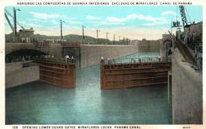 Vintage Postcard Opening Lower Guard Gates Miraflores Locks Panama Canal