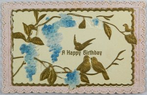 Hanging Bright Blue Flowers Two Gold Birds - A Happy Birthday - Vintage Postcard