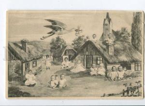 257490 Multiple babies w/ STORK Town Vintage COLLAGE postcard